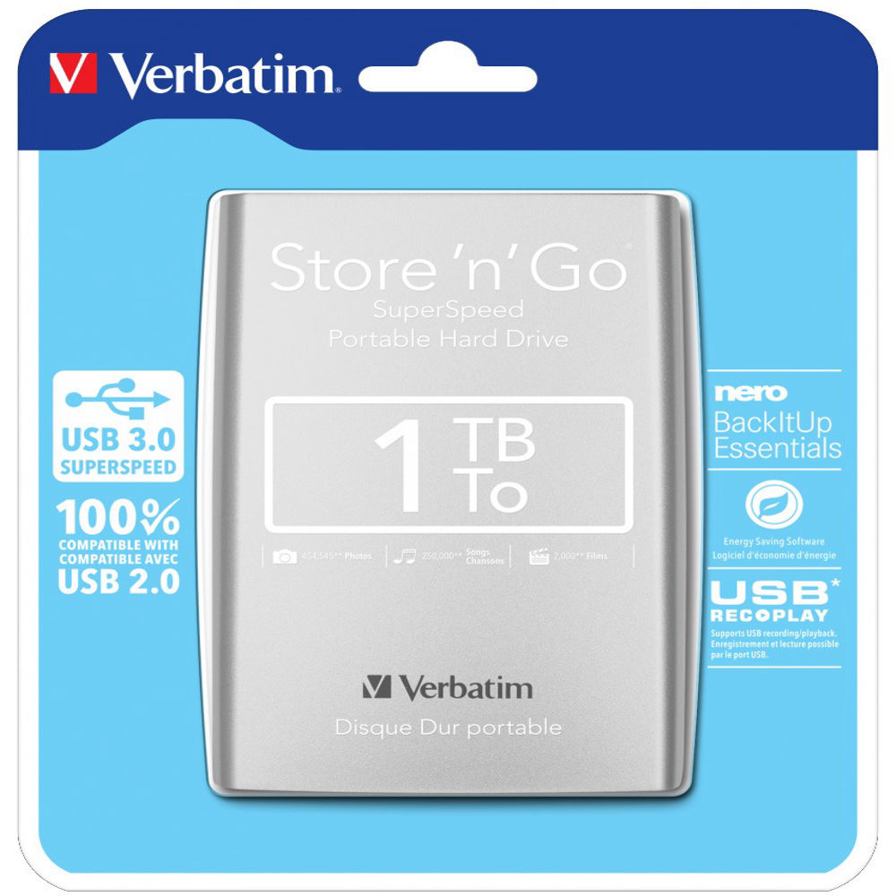 Hard Disk Esterno 1TB Verbatim Store 'n' Go Silver 63.5mm USB 3.0 (Cod. 53071)